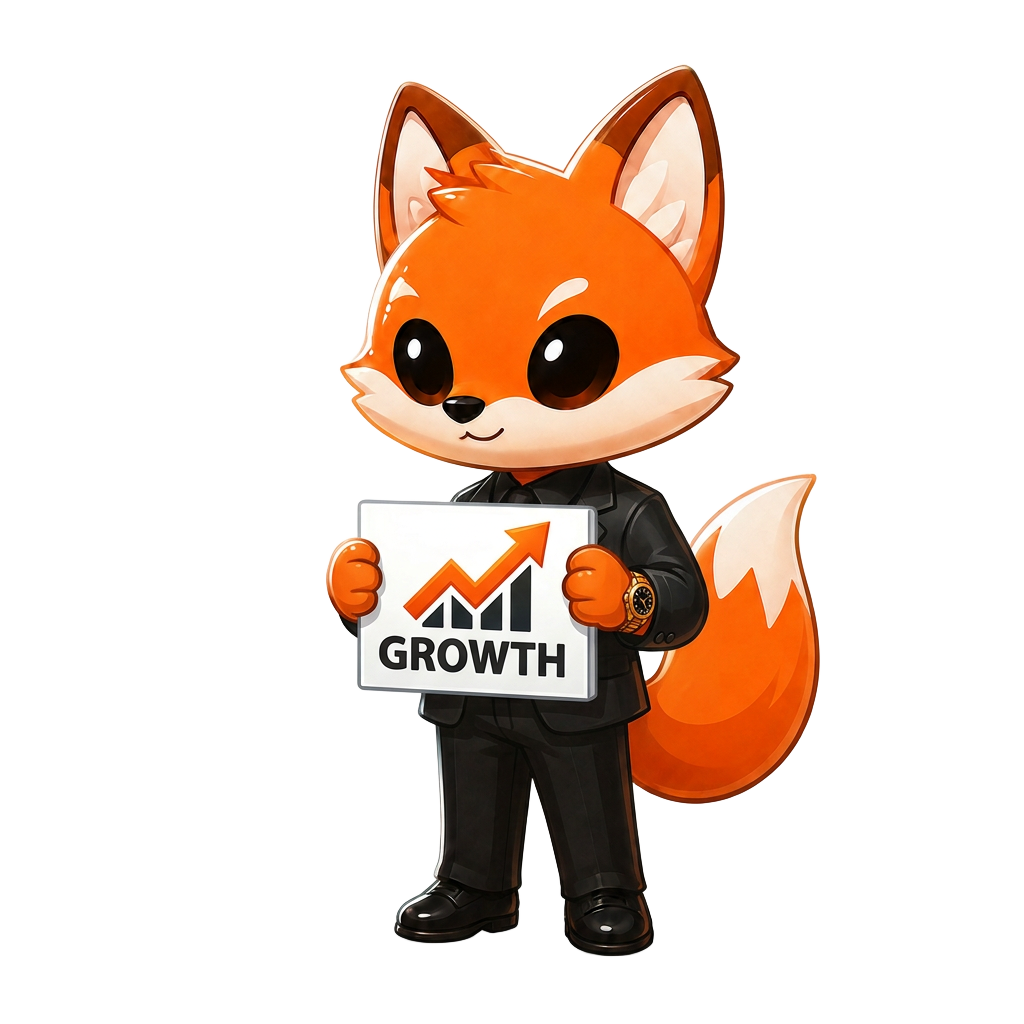 The Oxymore fox mascot holding a sign with a rising chart and the word Growth